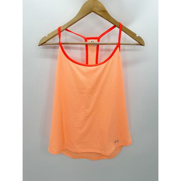 Under Armour Neon Orange Fitted Heat Gear Raerback Tank Top Shirt Womens Large - Picture 1 of 6